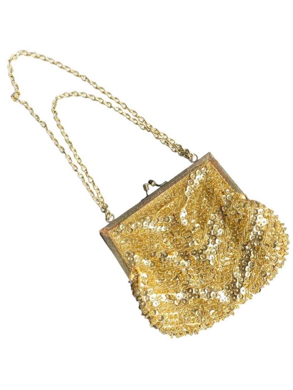 Vintage Gold Sequin Evening Bag Beaded Gold Tone Frame Chain Strap - Picture 11 of 14